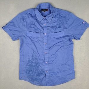G By GUESS Shirt Men's‎ Large Blue Short Sleeve Button Down Tattoo Art